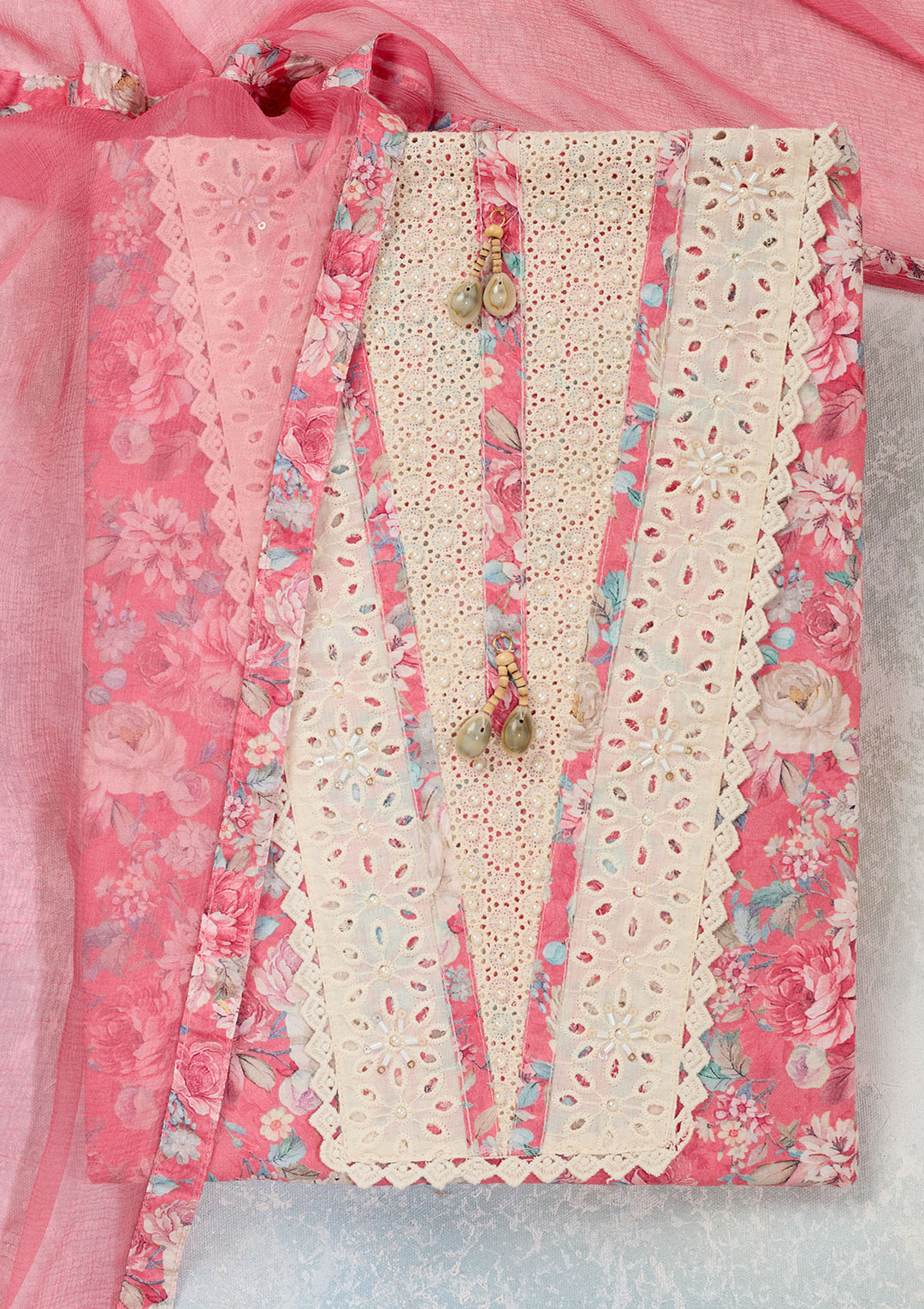 Pink Threadwork Cotton Unstitched Salwar Suit