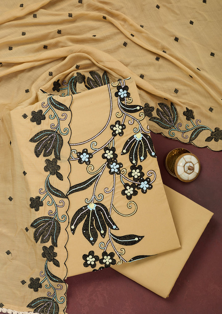 Beige Threadwork Cotton Unstitched Salwar Suit