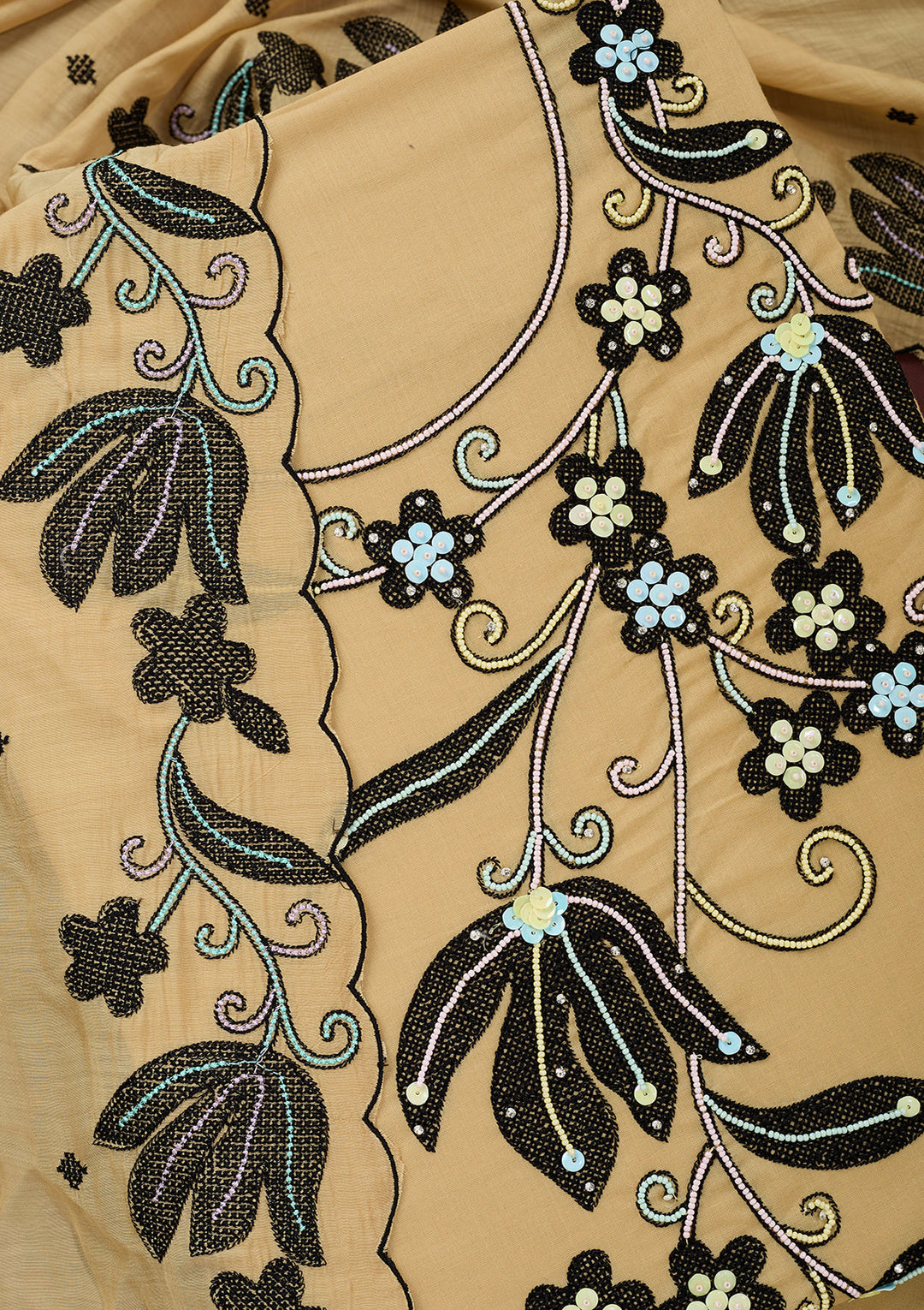 Beige Threadwork Cotton Unstitched Salwar Suit
