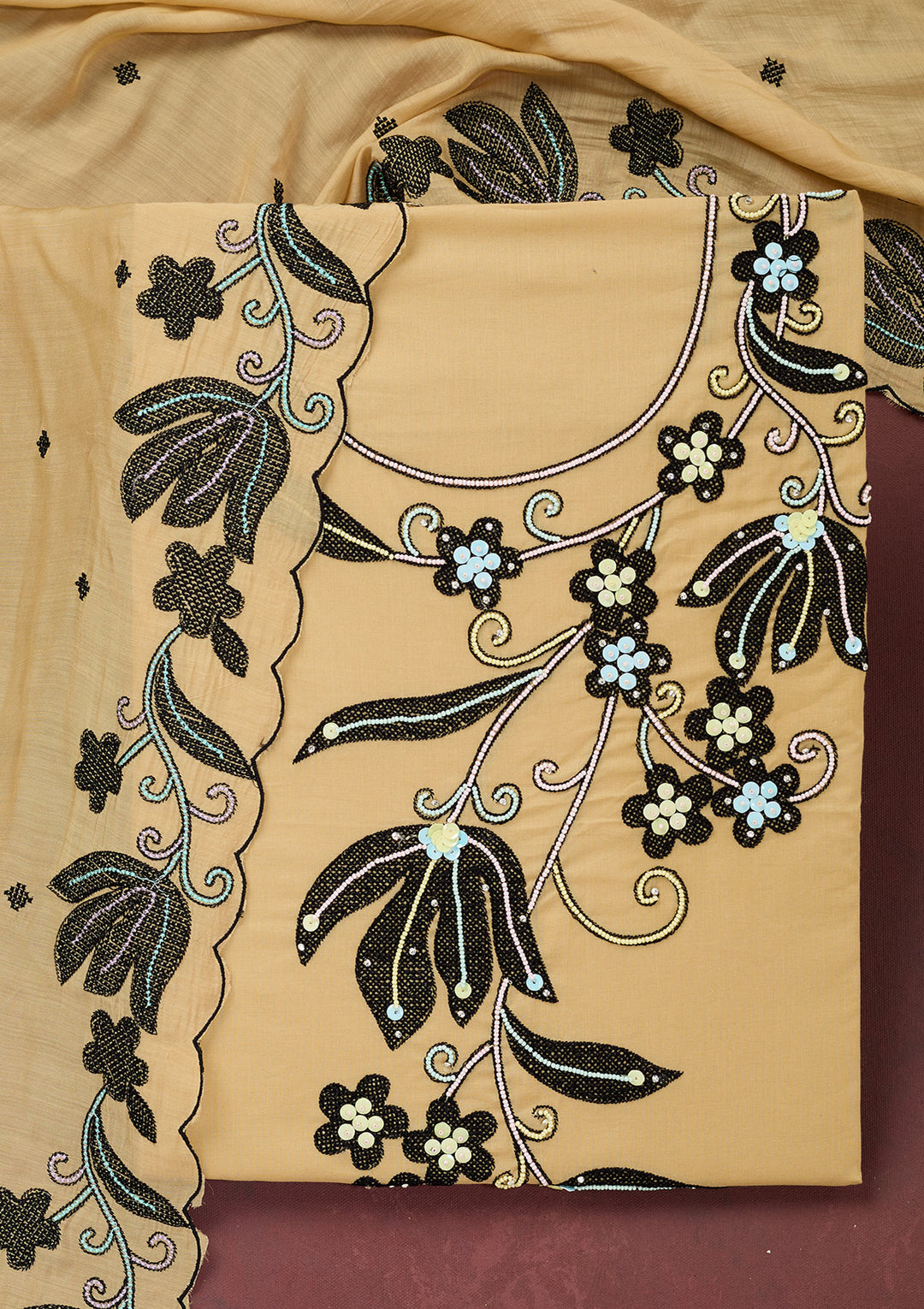 Beige Threadwork Cotton Unstitched Salwar Suit