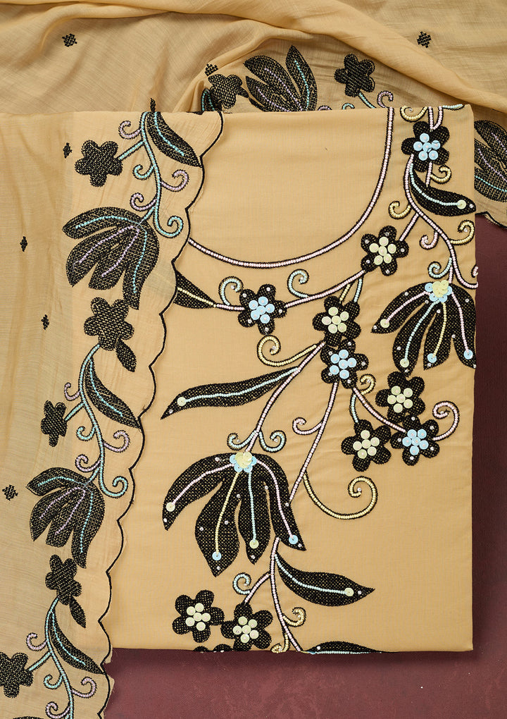 Beige Threadwork Cotton Unstitched Salwar Suit