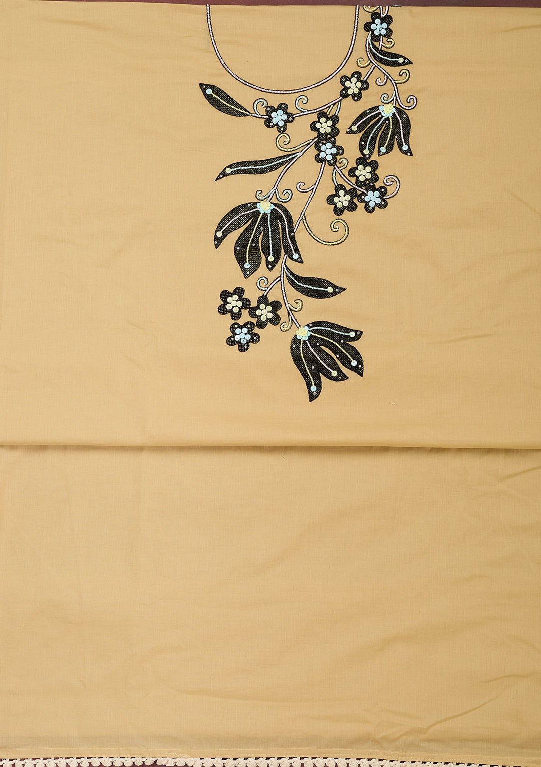 Beige Threadwork Cotton Unstitched Salwar Suit