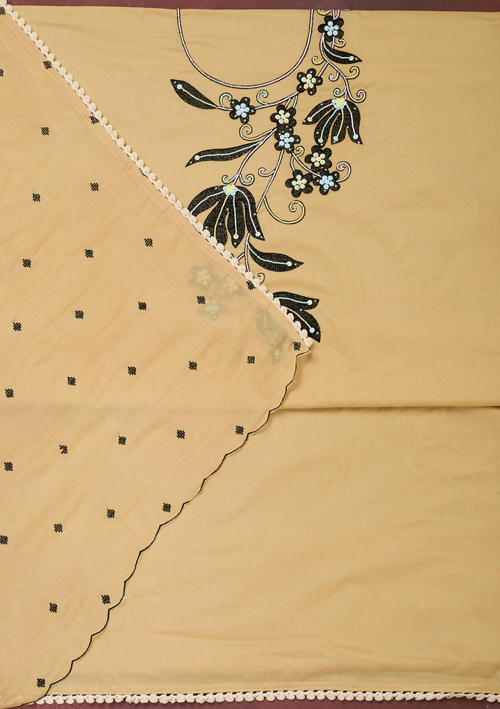 Beige Threadwork Cotton Unstitched Salwar Suit