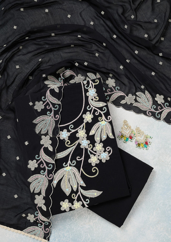 Black Threadwork Cotton Unstitched Salwar Suit