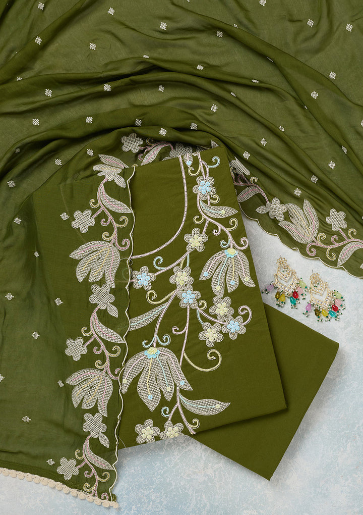 Leaf Green Threadwork Cotton Unstitched Salwar Suit