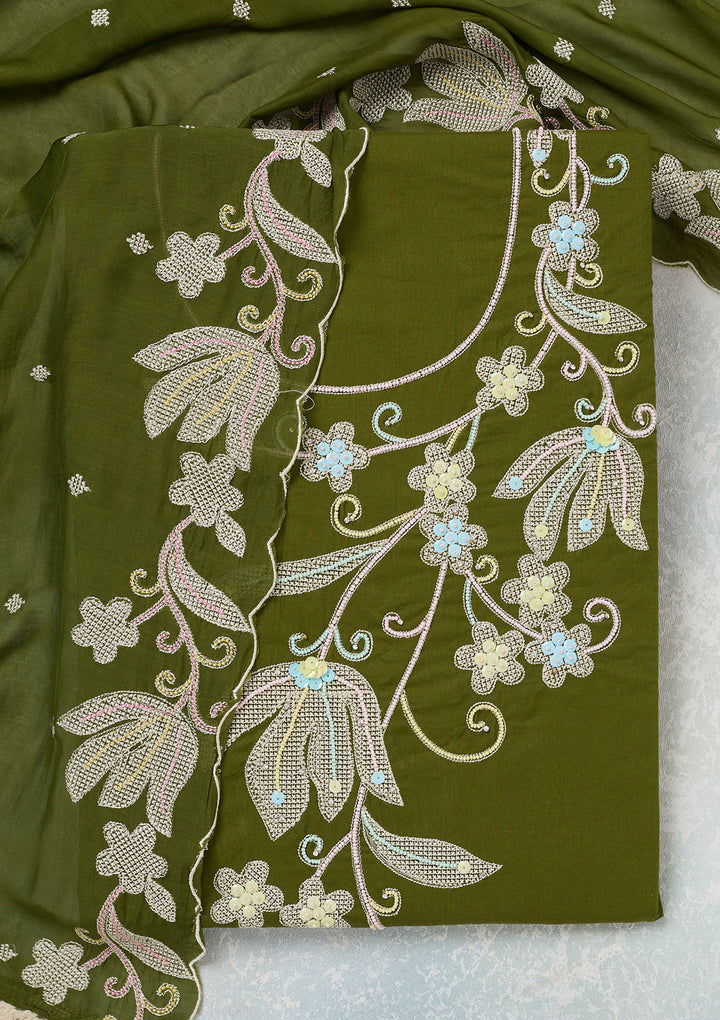 Leaf Green Threadwork Cotton Unstitched Salwar Suit