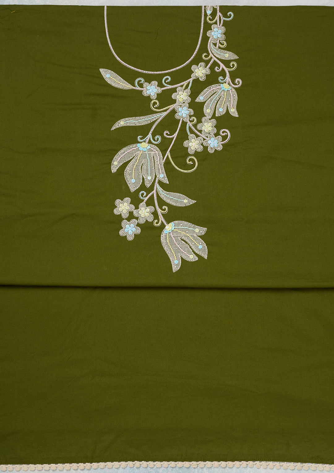 Leaf Green Threadwork Cotton Unstitched Salwar Suit
