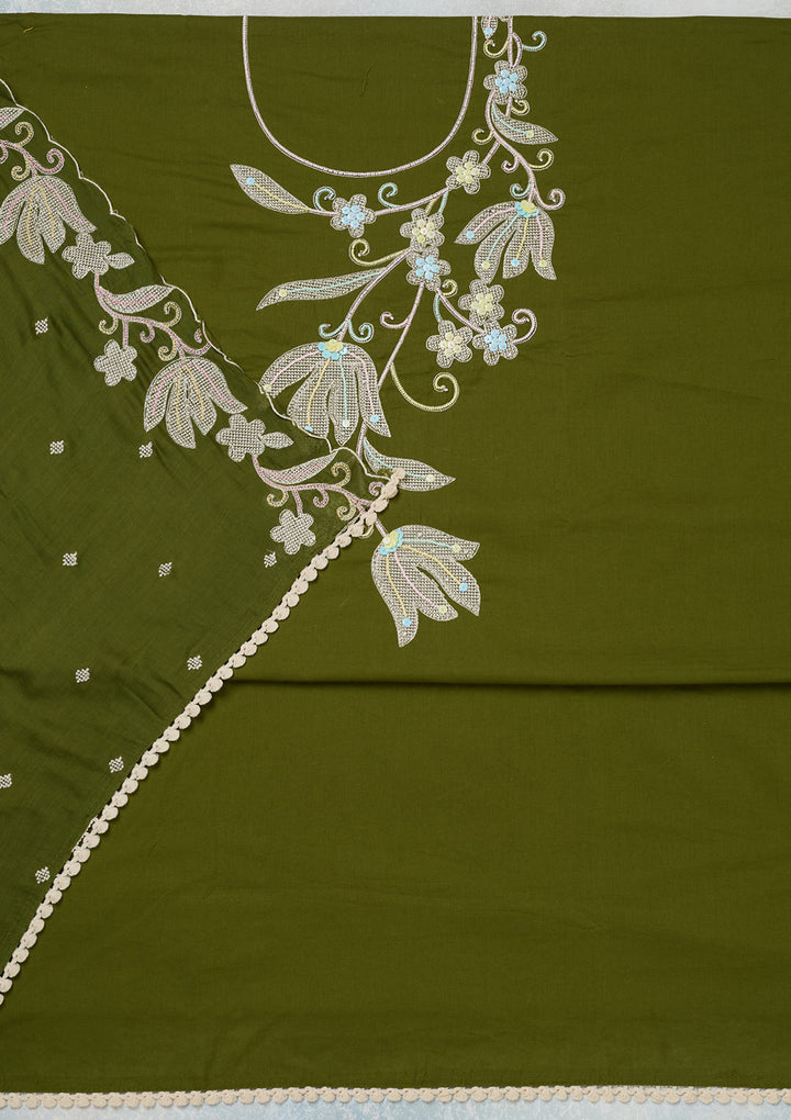 Leaf Green Threadwork Cotton Unstitched Salwar Suit