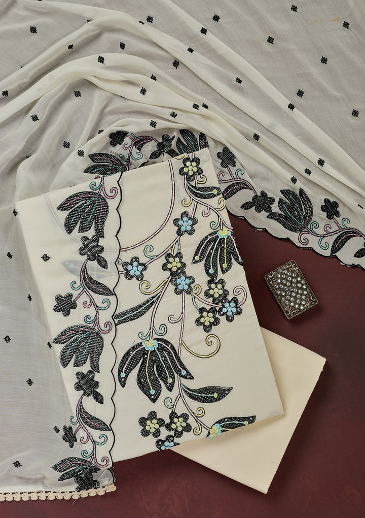 Off White Threadwork Cotton Unstitched Salwar Suit