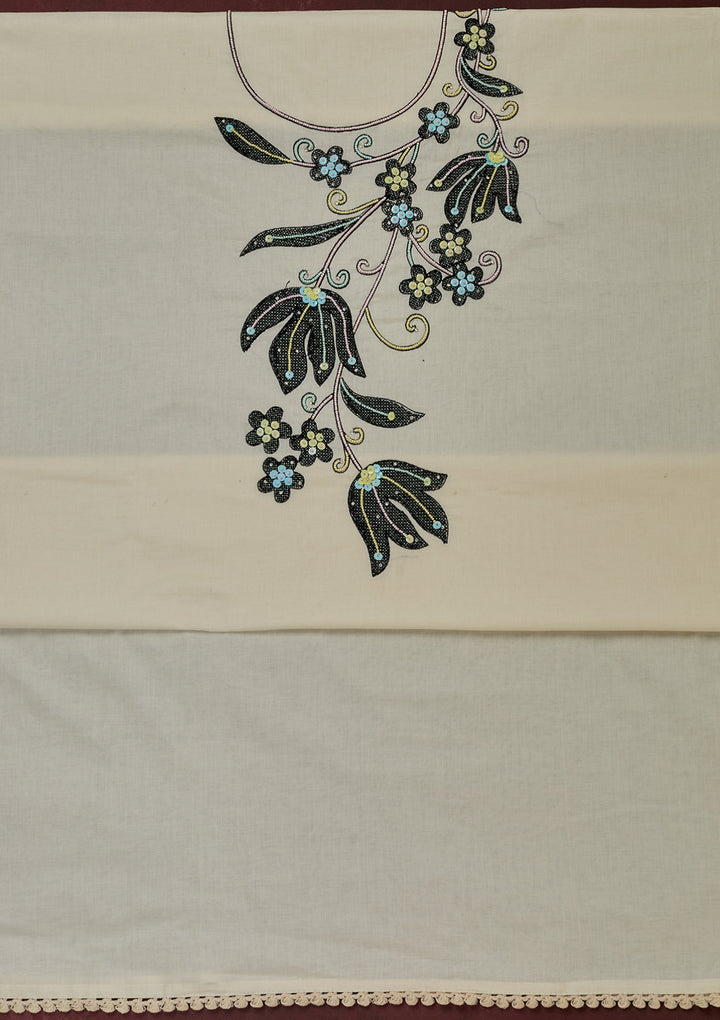 Off White Threadwork Cotton Unstitched Salwar Suit