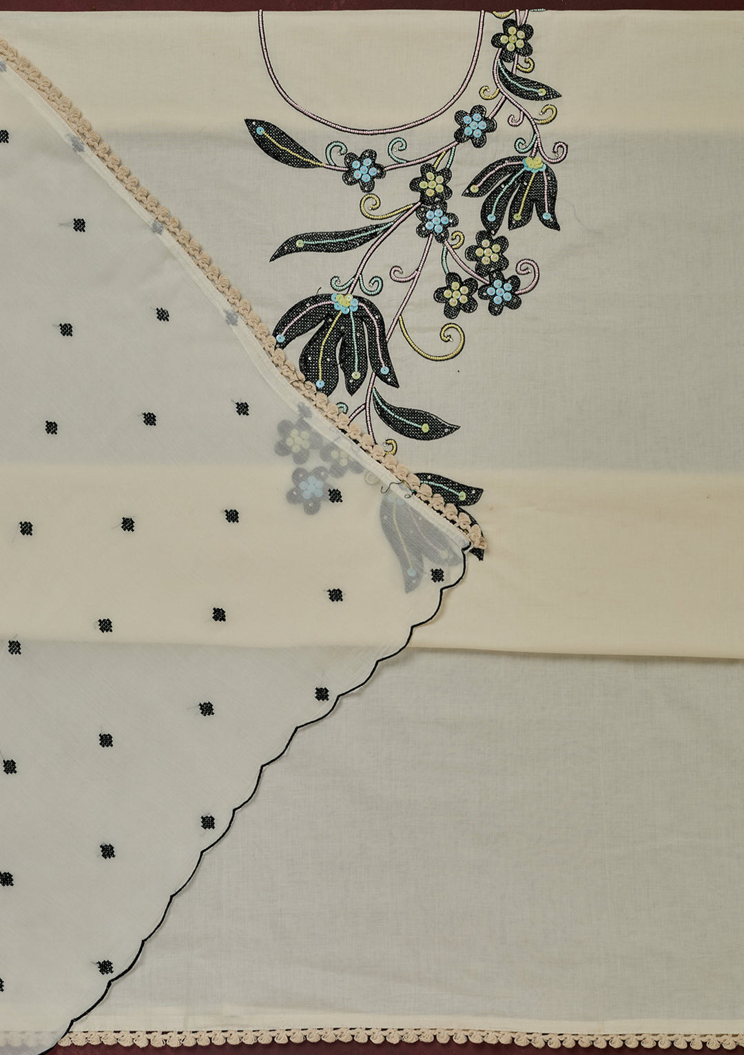 Off White Threadwork Cotton Unstitched Salwar Suit