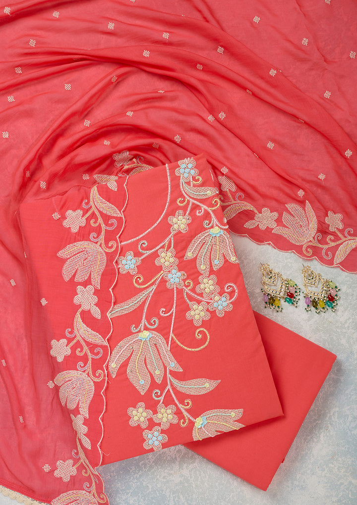 Pink Threadwork Cotton Unstitched Salwar Suit