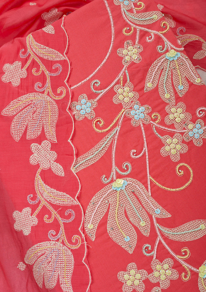 Pink Threadwork Cotton Unstitched Salwar Suit