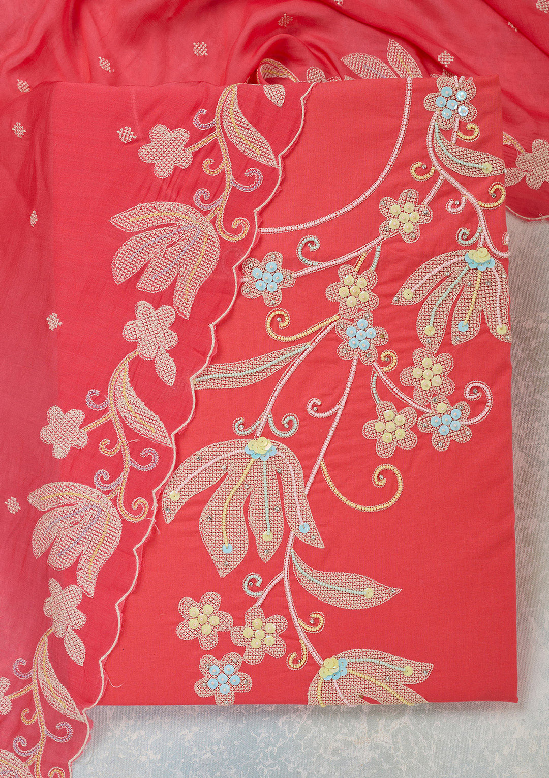 Pink Threadwork Cotton Unstitched Salwar Suit
