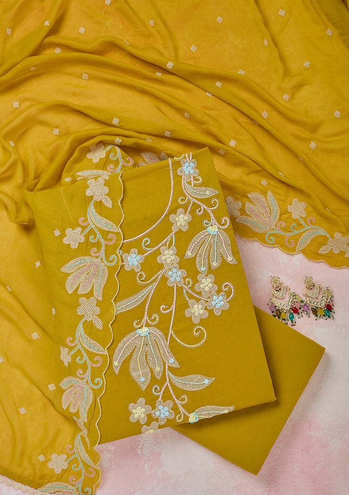 Yellow Threadwork Cotton Unstitched Salwar Suit