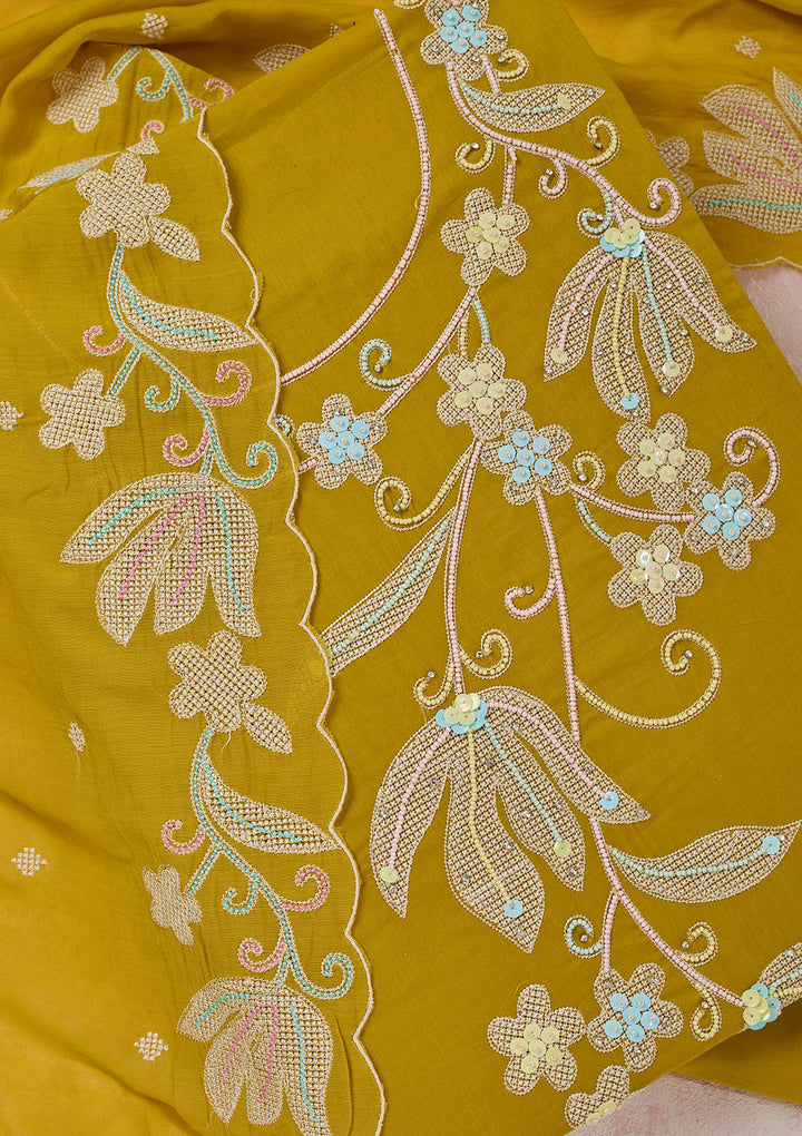 Yellow Threadwork Cotton Unstitched Salwar Suit