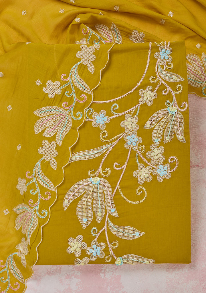 Yellow Threadwork Cotton Unstitched Salwar Suit