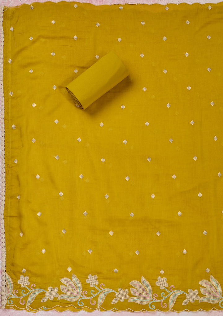 Yellow Threadwork Cotton Unstitched Salwar Suit