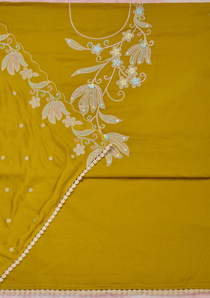 Yellow Threadwork Cotton Unstitched Salwar Suit