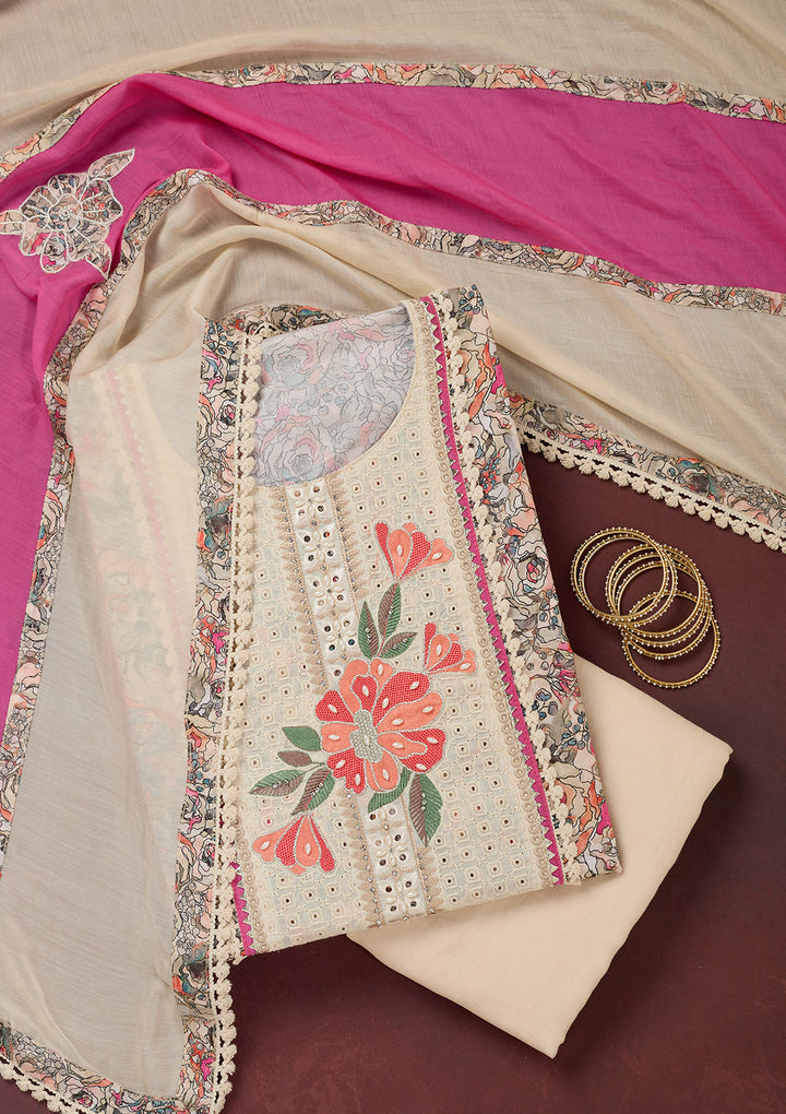 Cream Threadwork Cotton Unstitched Salwar Suit
