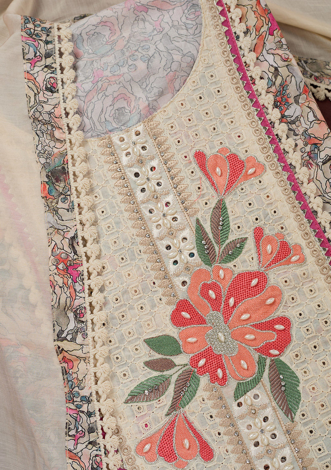 Cream Threadwork Cotton Unstitched Salwar Suit
