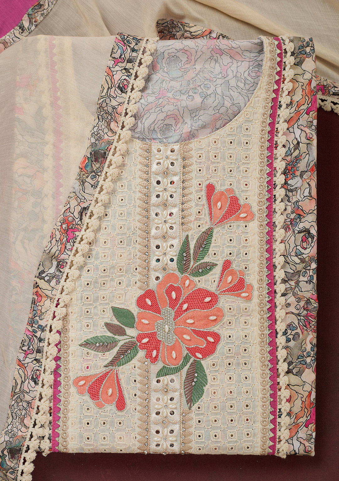Cream Threadwork Cotton Unstitched Salwar Suit
