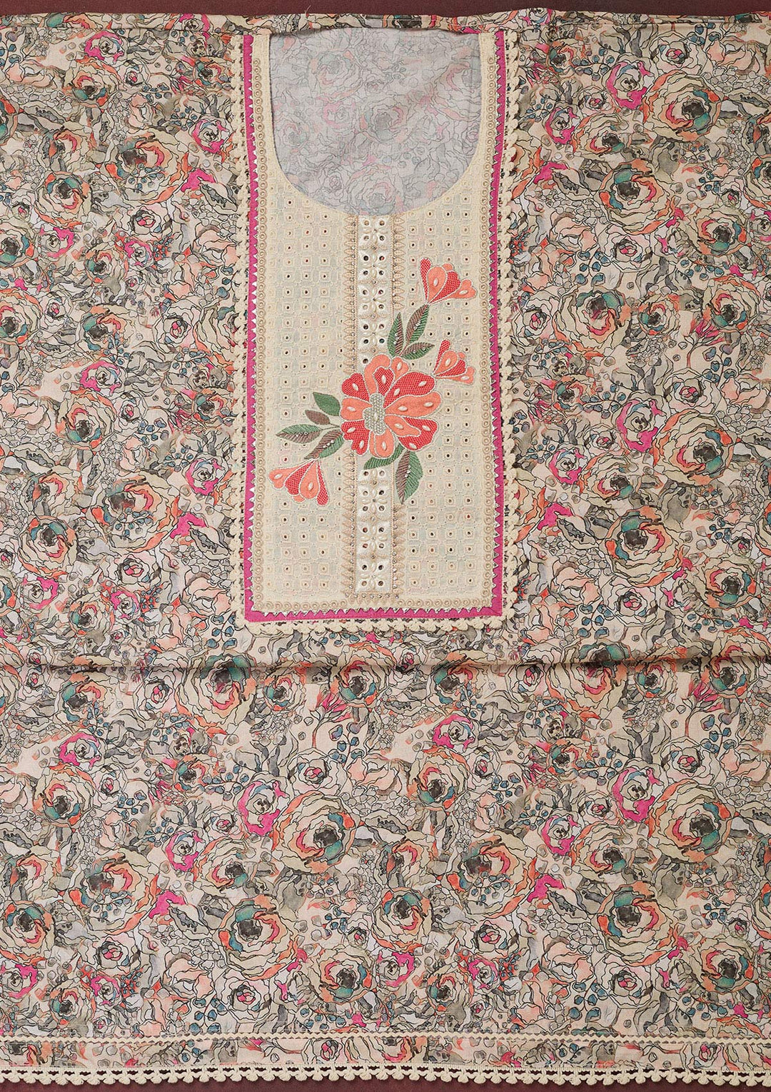 Cream Threadwork Cotton Unstitched Salwar Suit