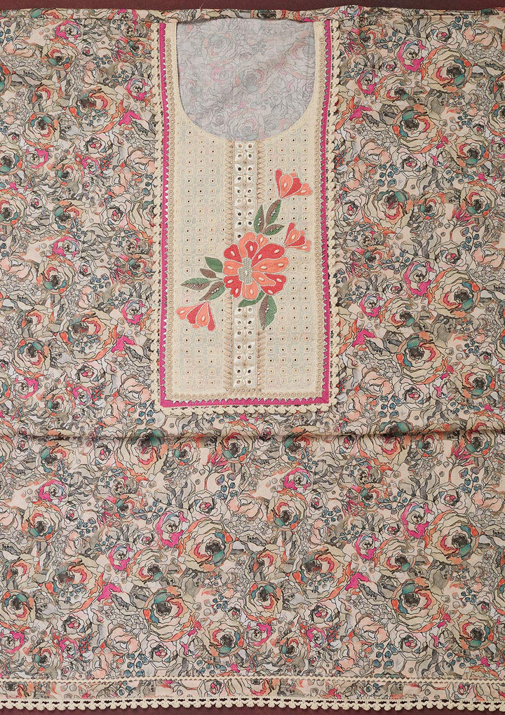 Cream Threadwork Cotton Unstitched Salwar Suit