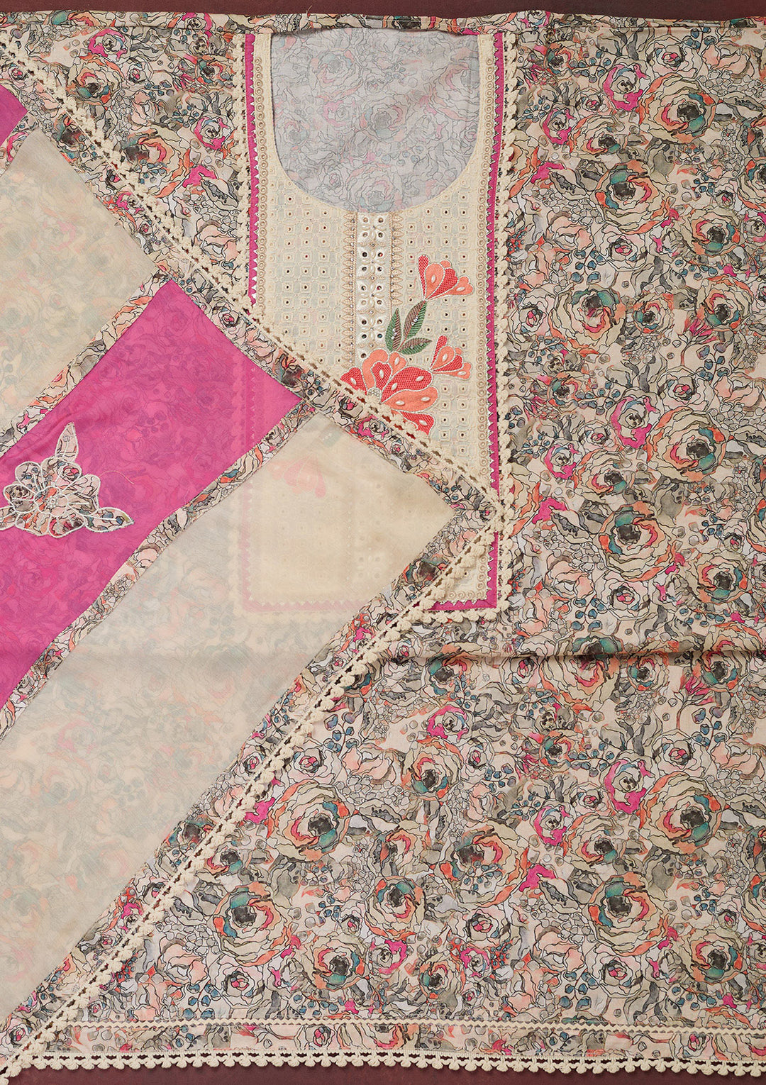 Cream Threadwork Cotton Unstitched Salwar Suit