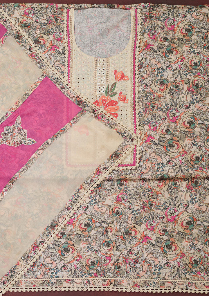 Cream Threadwork Cotton Unstitched Salwar Suit