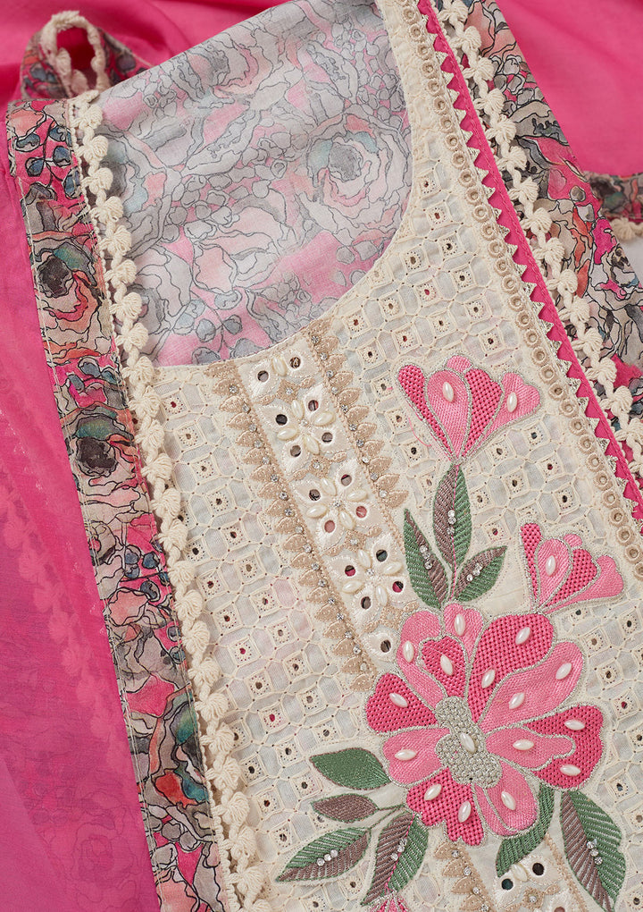 Pink Threadwork Cotton Unstitched Salwar Suit