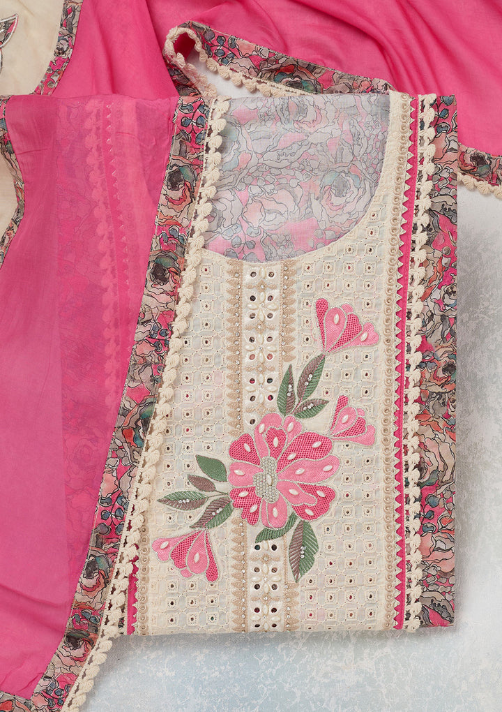 Pink Threadwork Cotton Unstitched Salwar Suit
