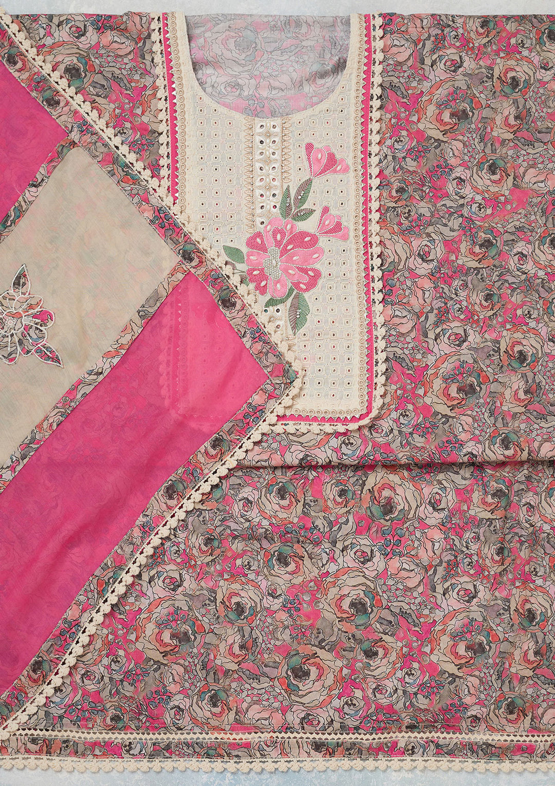 Pink Threadwork Cotton Unstitched Salwar Suit