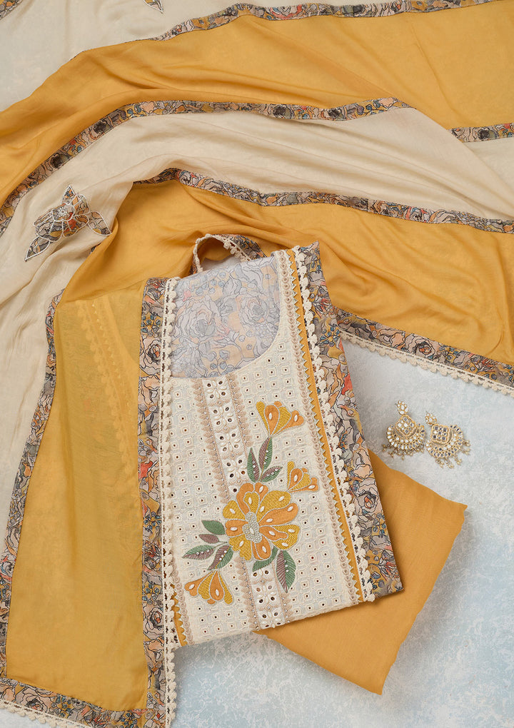 Yellow Threadwork Cotton Unstitched Salwar Suit