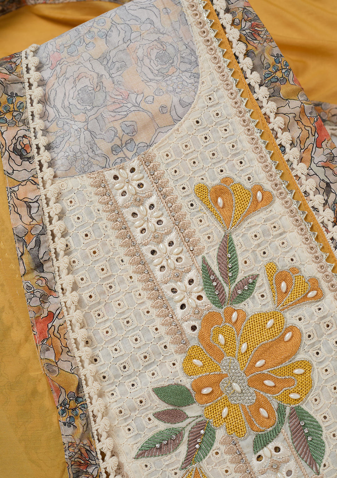 Yellow Threadwork Cotton Unstitched Salwar Suit