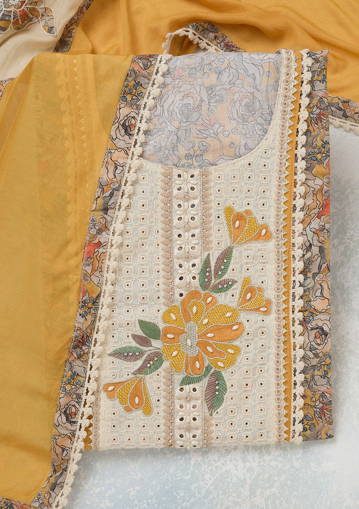 Yellow Threadwork Cotton Unstitched Salwar Suit