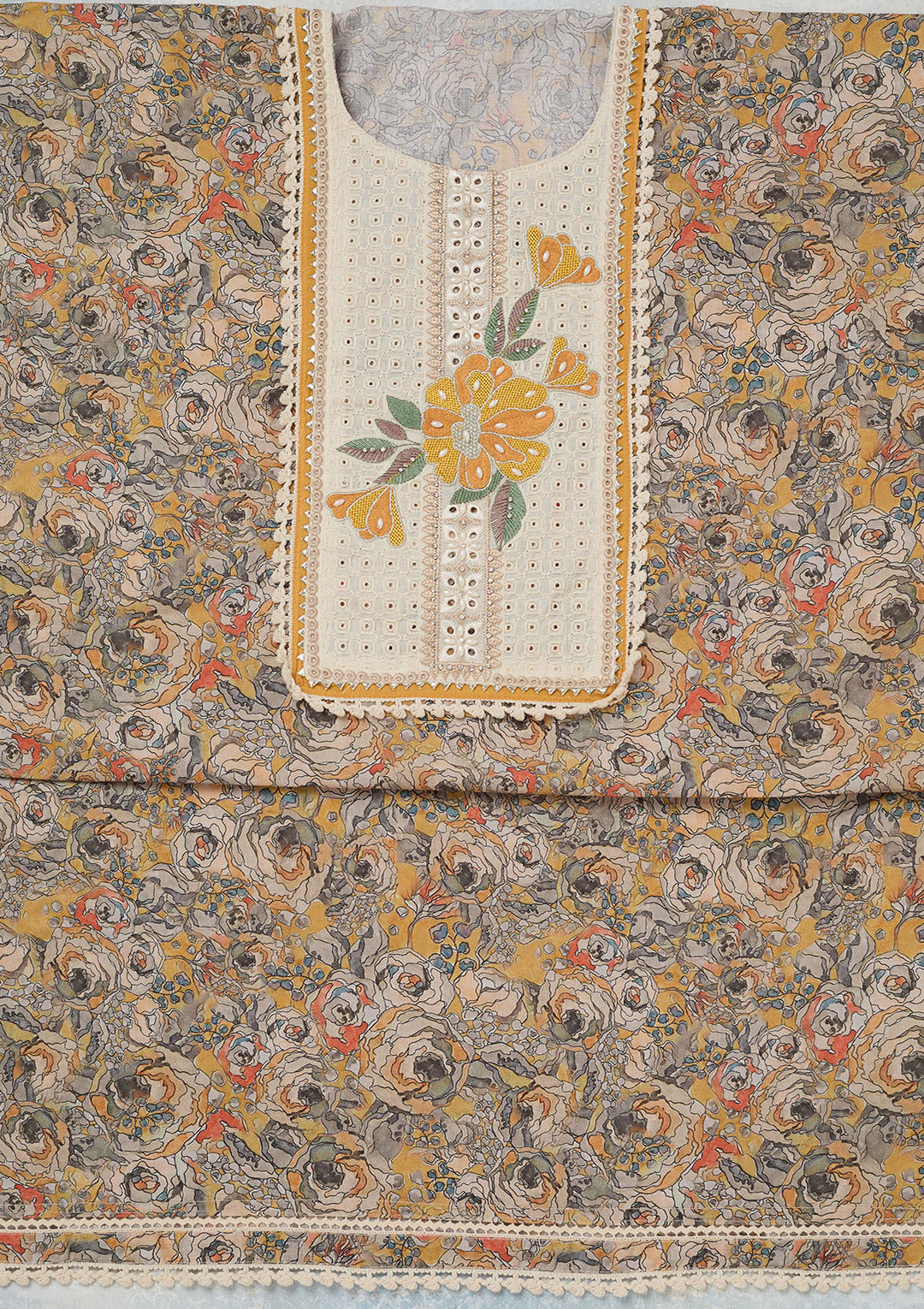 Yellow Threadwork Cotton Unstitched Salwar Suit