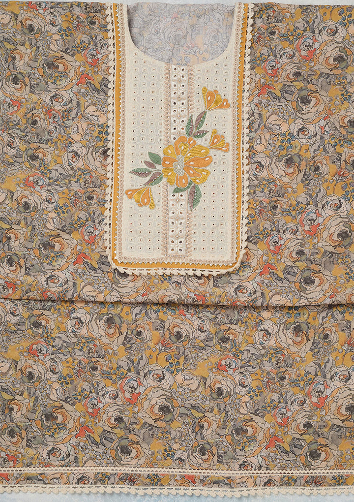 Yellow Threadwork Cotton Unstitched Salwar Suit