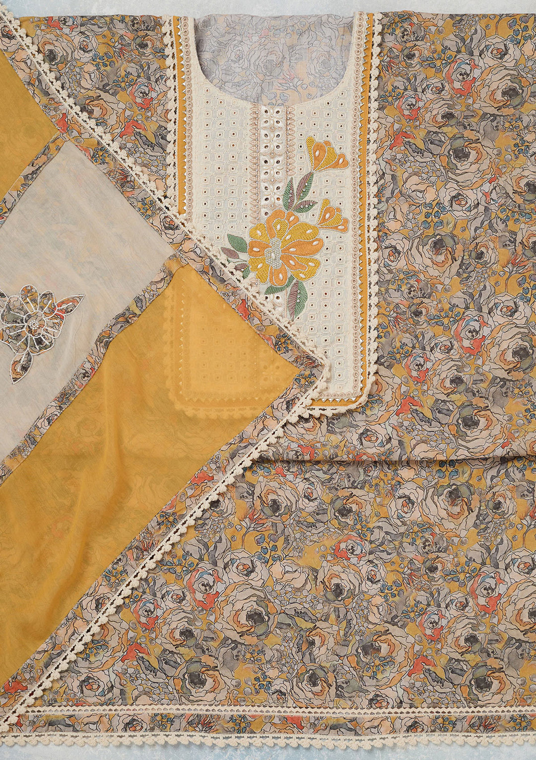 Yellow Threadwork Cotton Unstitched Salwar Suit