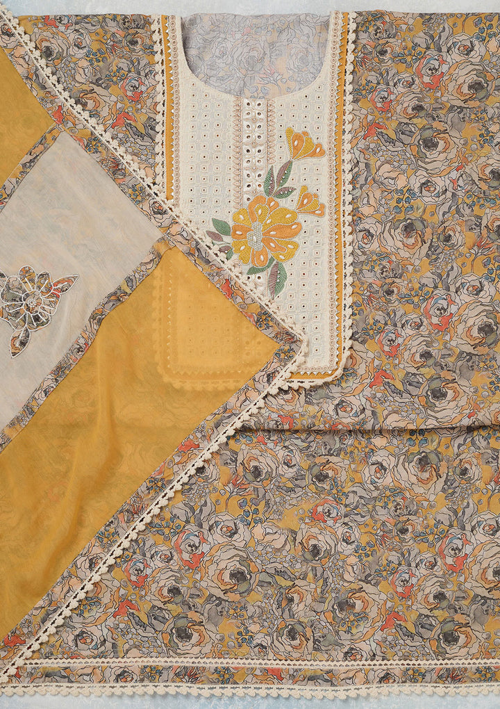 Yellow Threadwork Cotton Unstitched Salwar Suit