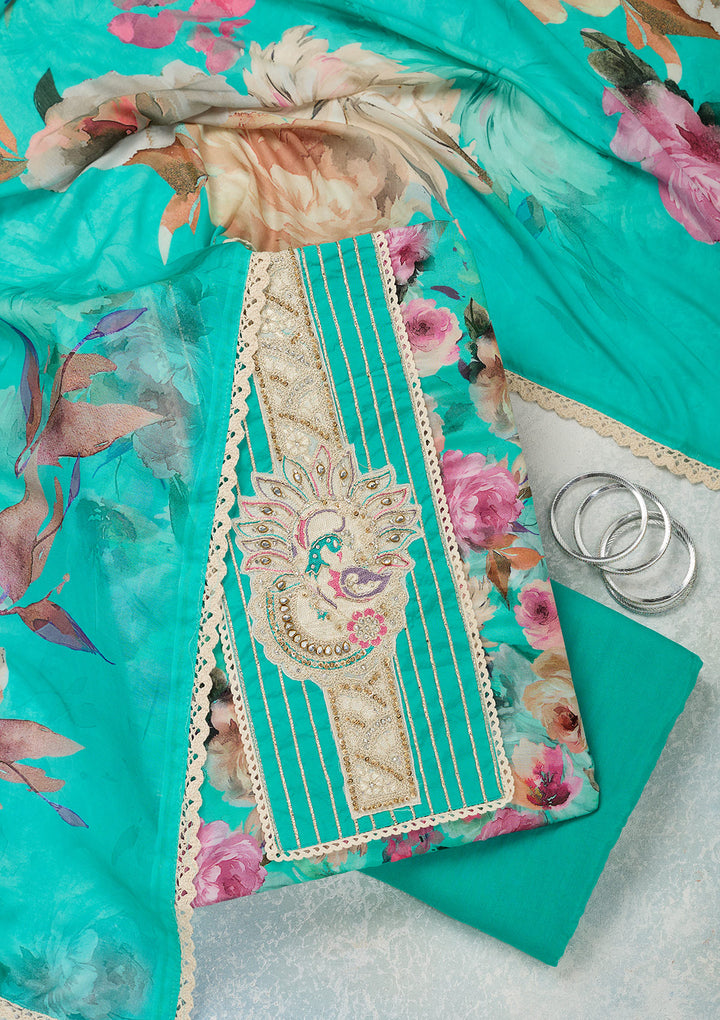 Turquoise Blue Threadwork Cotton Unstitched Salwar Suit