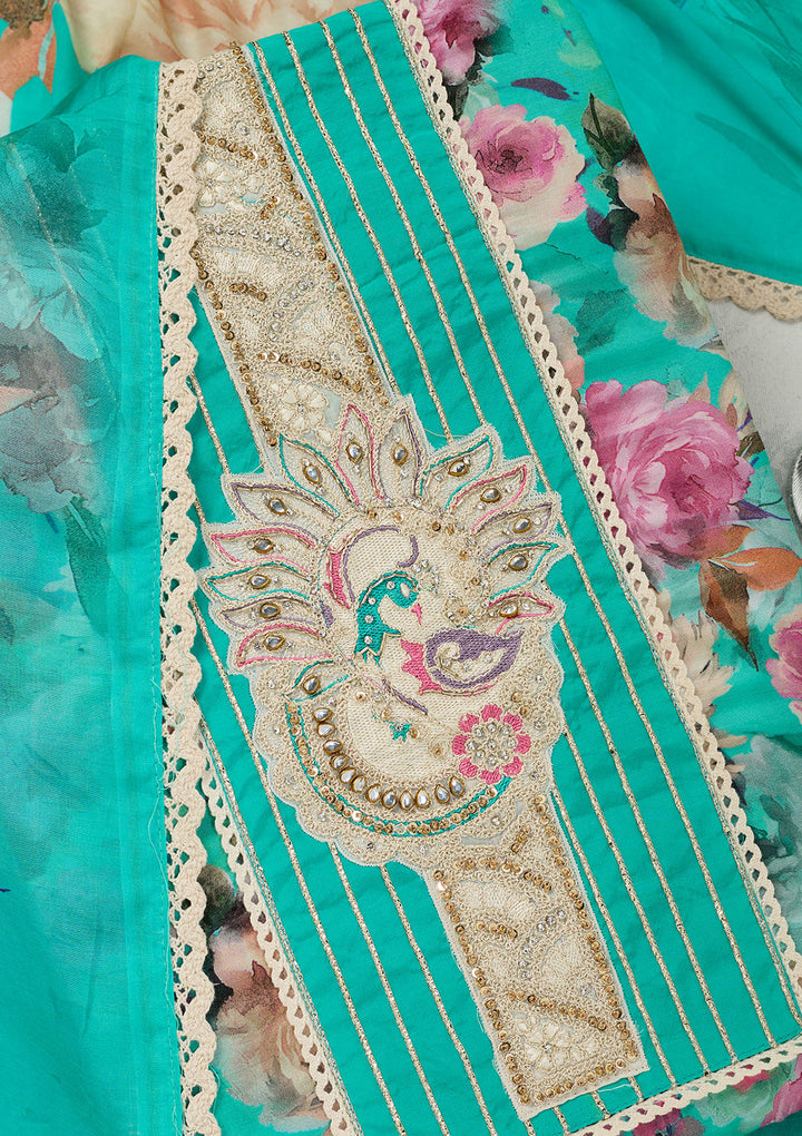 Turquoise Blue Threadwork Cotton Unstitched Salwar Suit