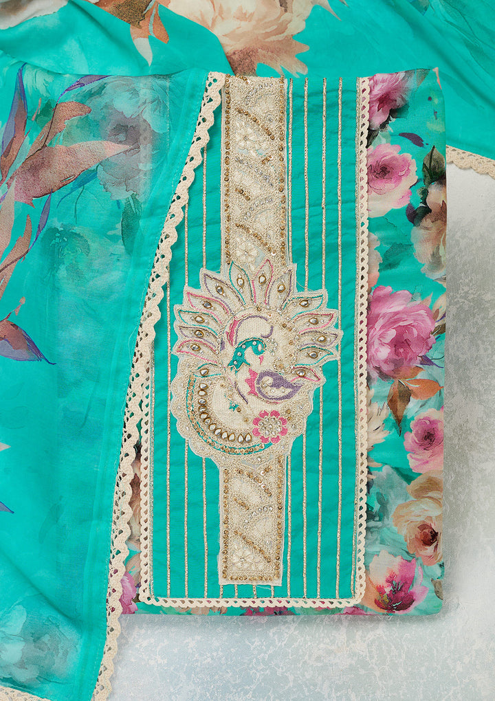 Turquoise Blue Threadwork Cotton Unstitched Salwar Suit