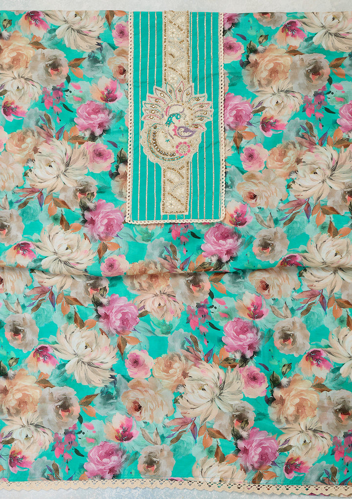 Turquoise Blue Threadwork Cotton Unstitched Salwar Suit