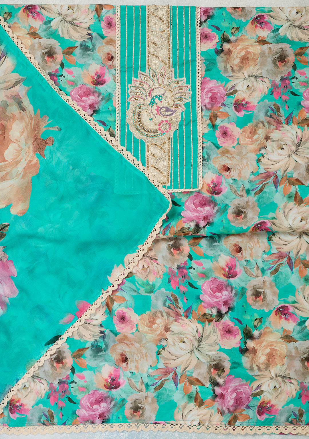 Turquoise Blue Threadwork Cotton Unstitched Salwar Suit