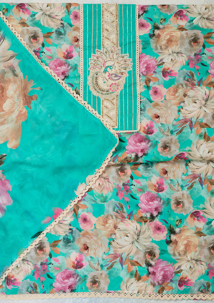 Turquoise Blue Threadwork Cotton Unstitched Salwar Suit