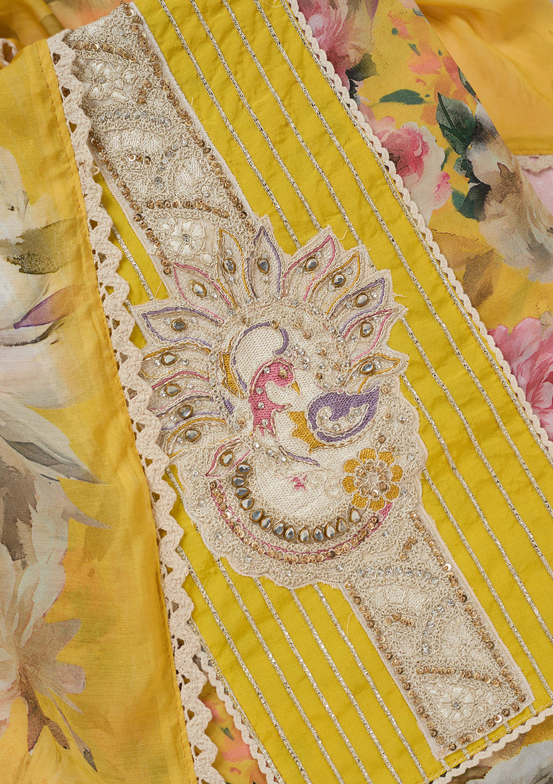 Yellow Threadwork Cotton Unstitched Salwar Suit