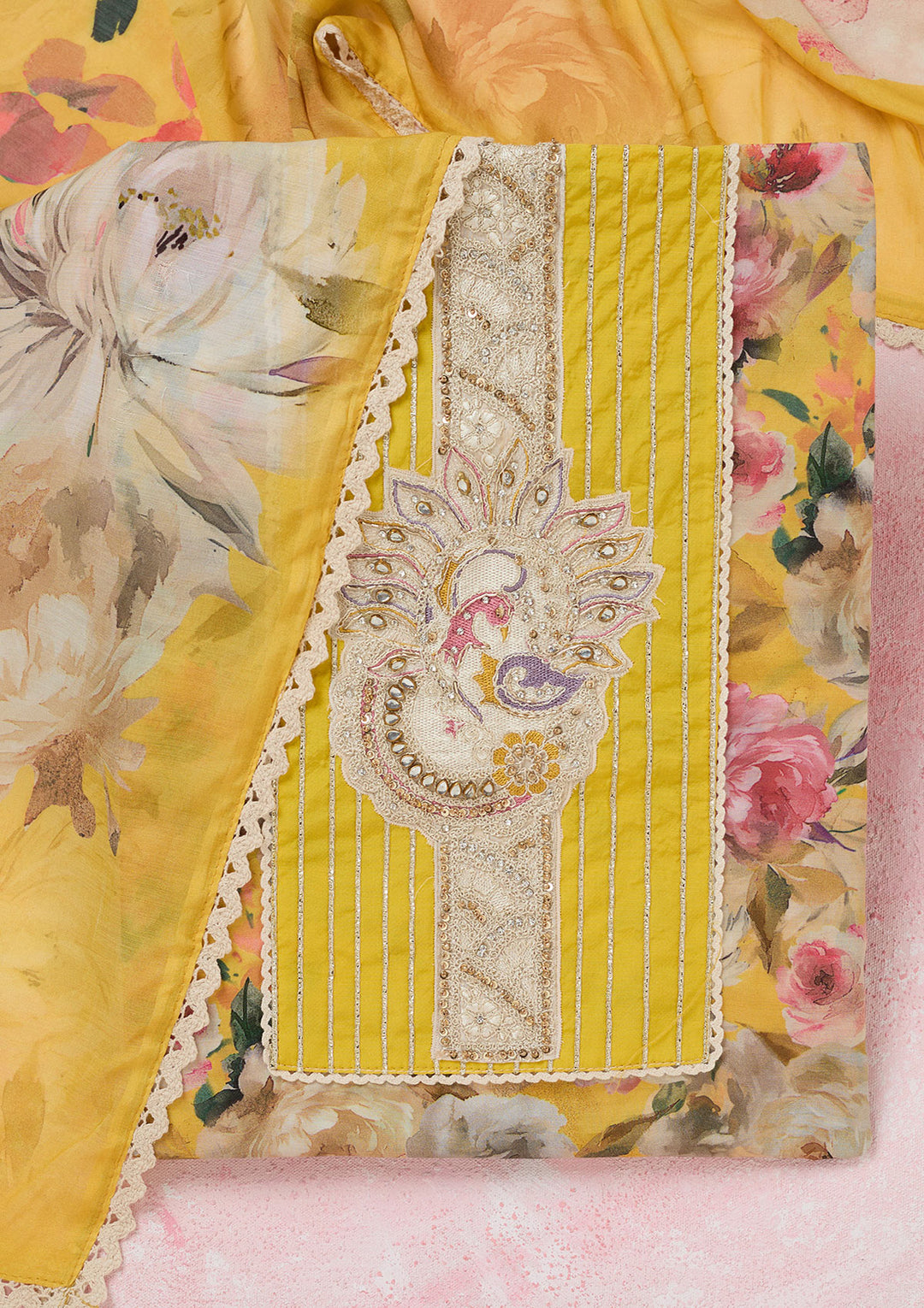 Yellow Threadwork Cotton Unstitched Salwar Suit