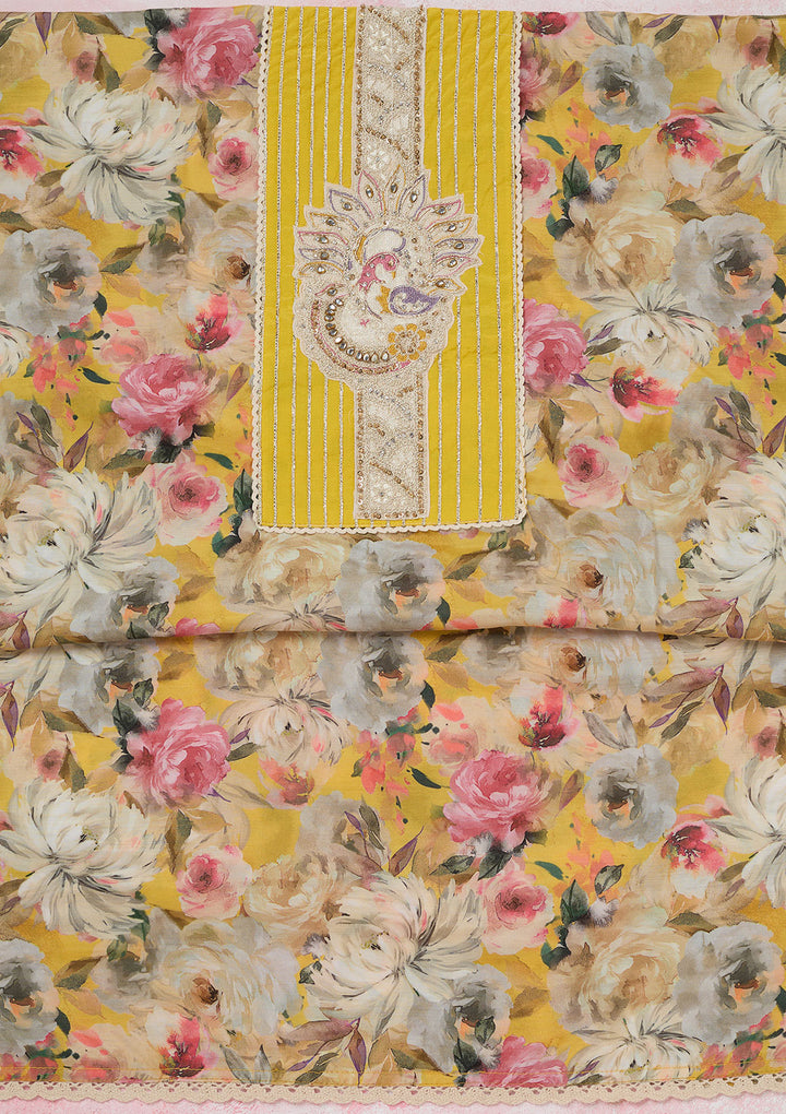 Yellow Threadwork Cotton Unstitched Salwar Suit