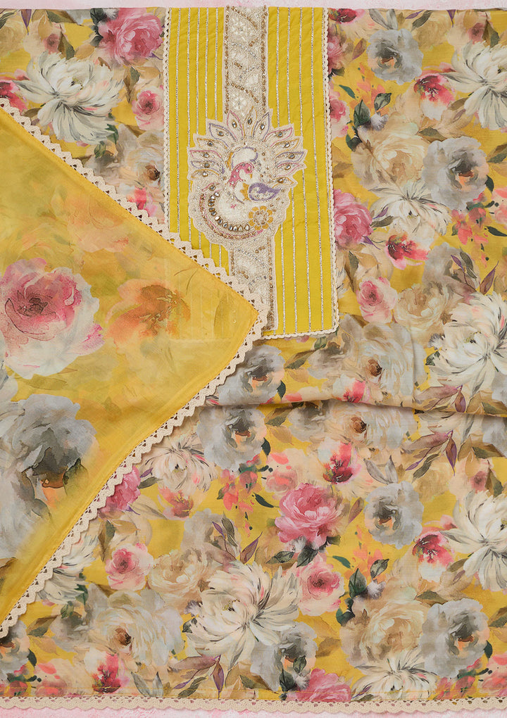 Yellow Threadwork Cotton Unstitched Salwar Suit